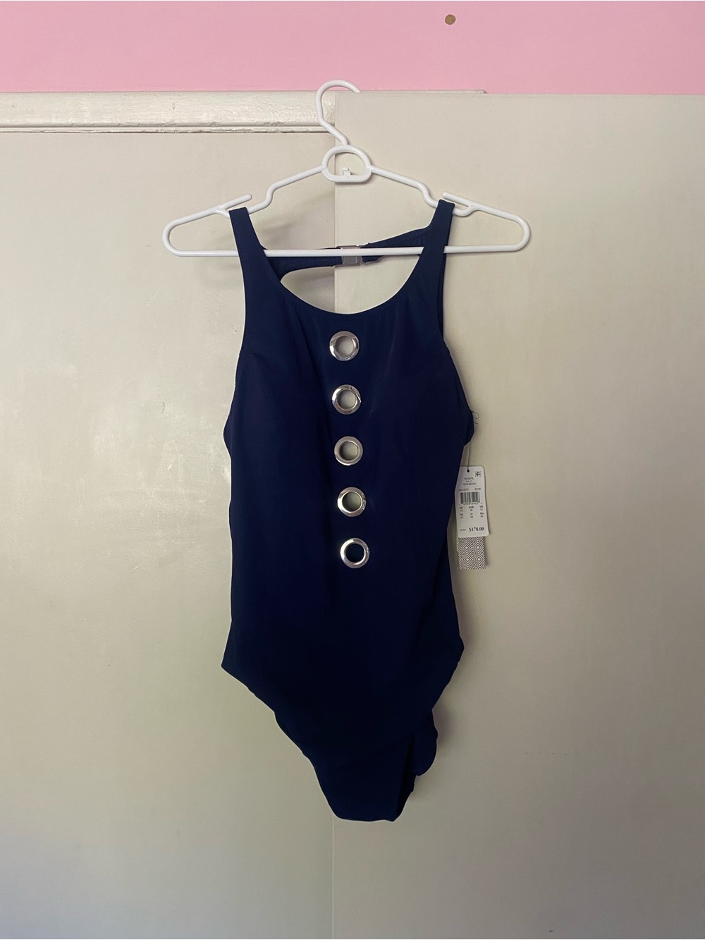 Amoressa Navy One-Piece Swimsuit with Silver Grommet Front, size 10 NWT